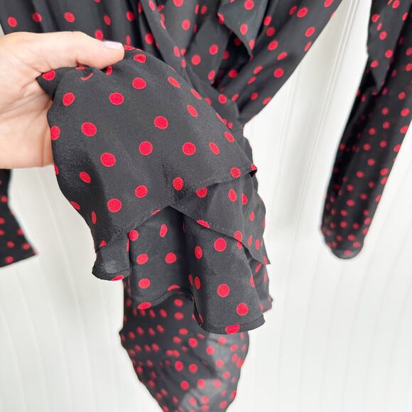 Réalisation Par Alexandra Black Silk Wrap Mini Dress Ruffle Hem Medium Polka Dot - Picture 9 of 12